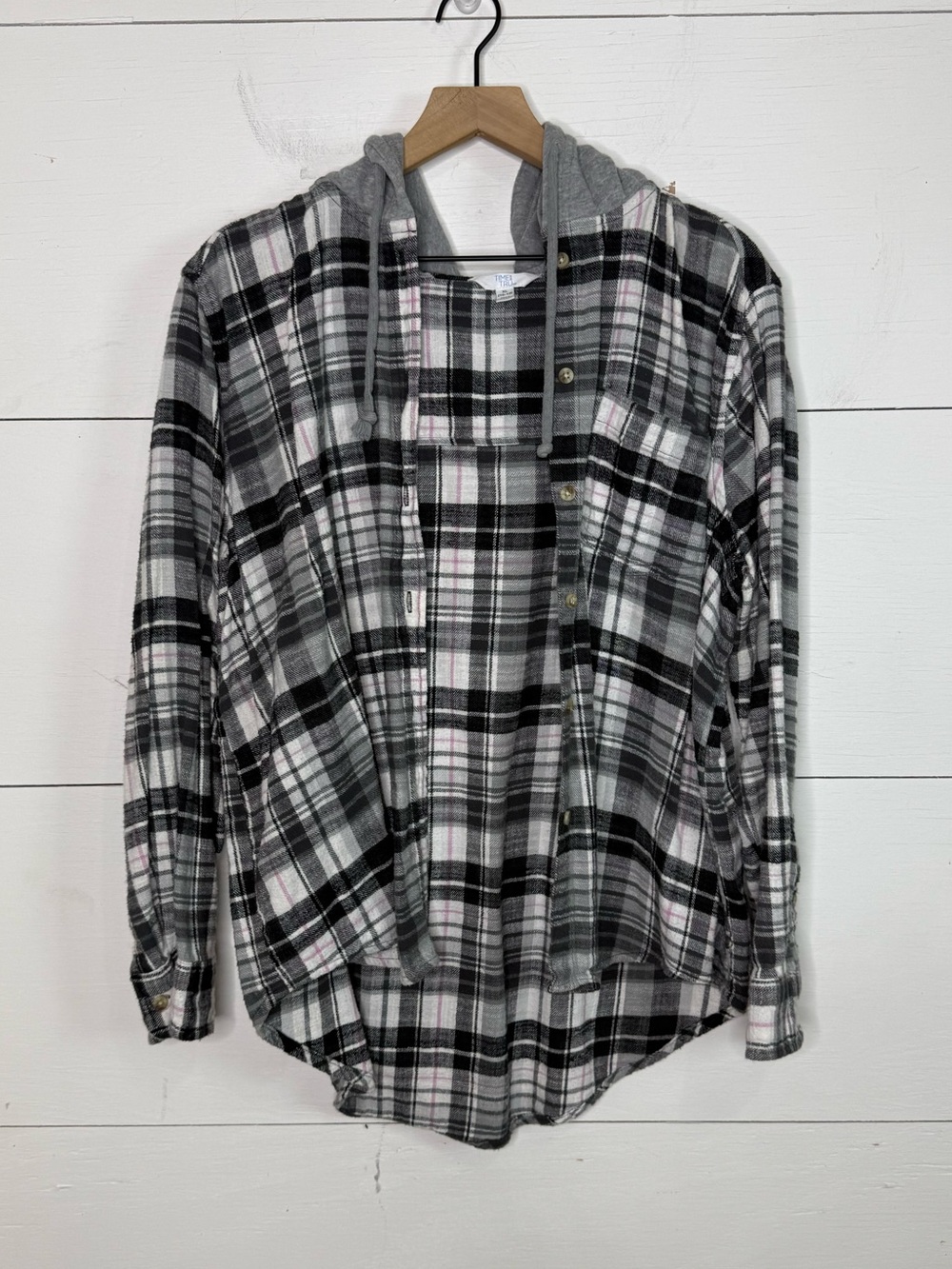 Time and Tru • Black & Gray Plaid Hooded Flannel Size XL 16-18